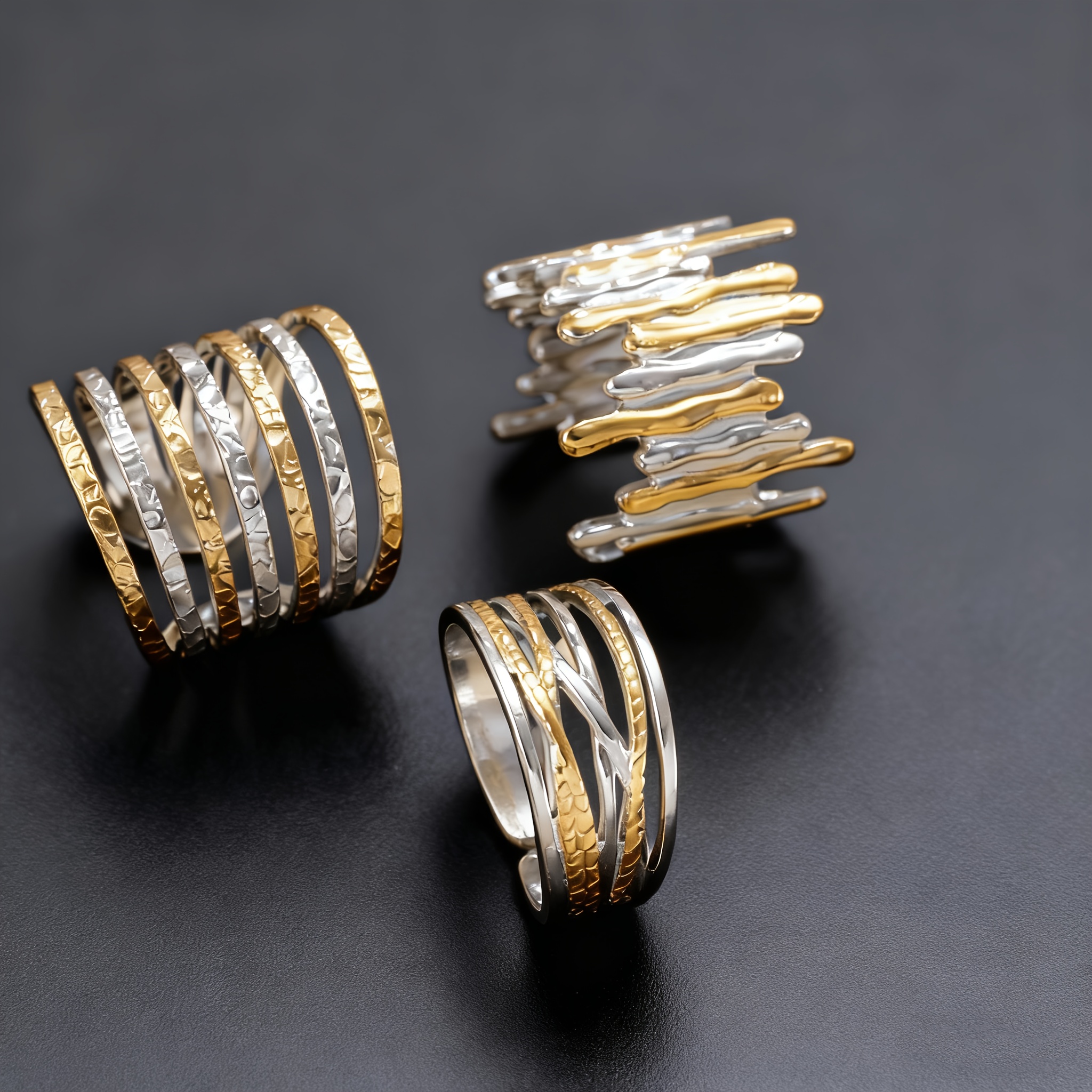 TEMU 3pcs Fashionable Stainless Steel Ring Set, Gradient Golden-tone , Irregular Geometric Theme