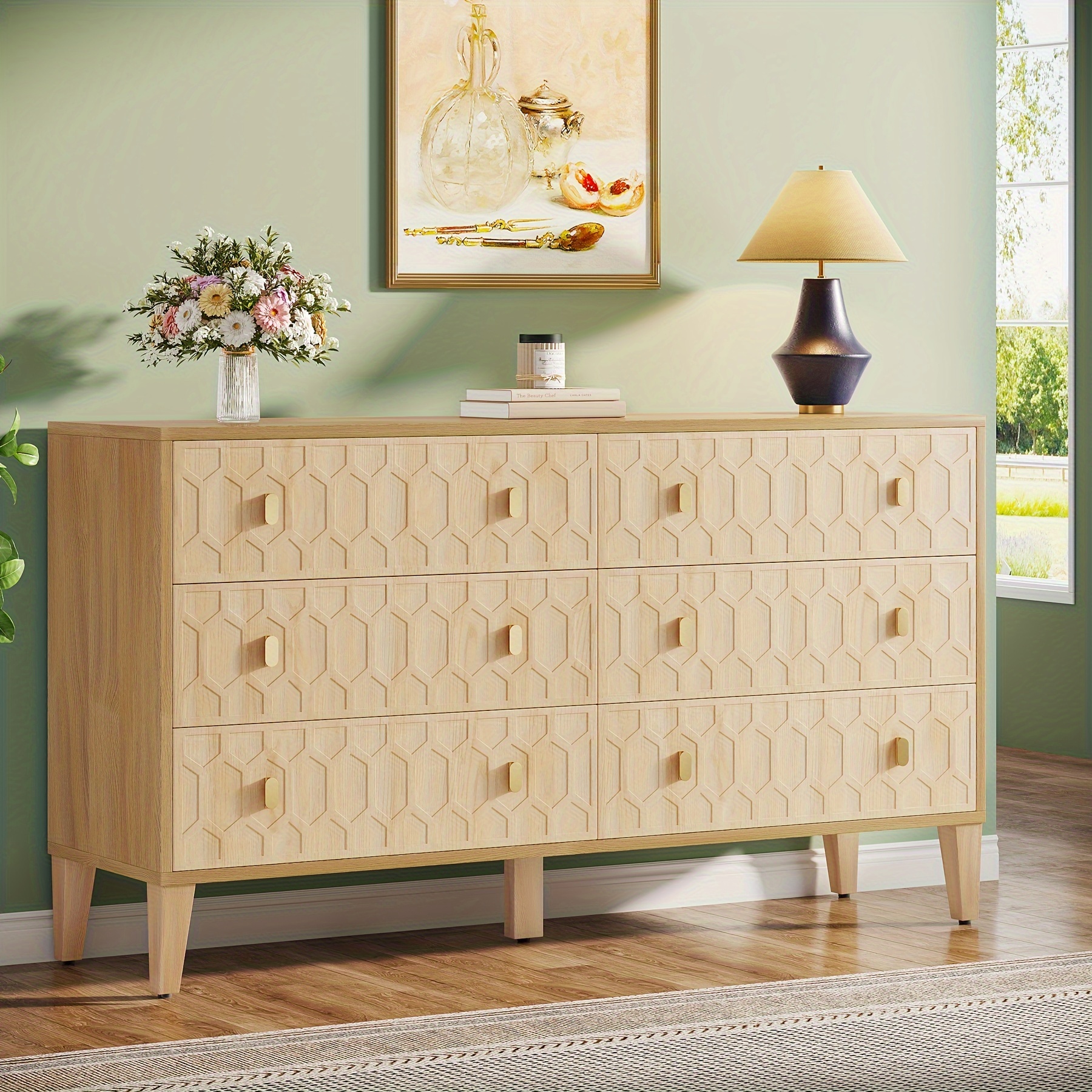 

Dresser For Bedroom, 55-inch Chest Of Drawers, Wood 6 Drawers Double Dresser With Solid Wooden Legs, Large Dresser Chest Cabinet For Closet, Living Room, Entryway