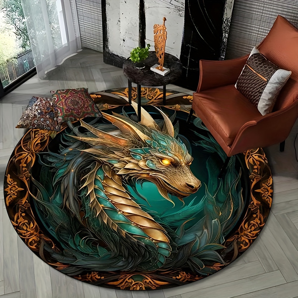 

800g/m2 Crystal Velvet Bronze Dragon Round Carpet Legendary Animal Rug Chair Living Room Bedroom Sofa Decoration Rug Non-slip Area Rug