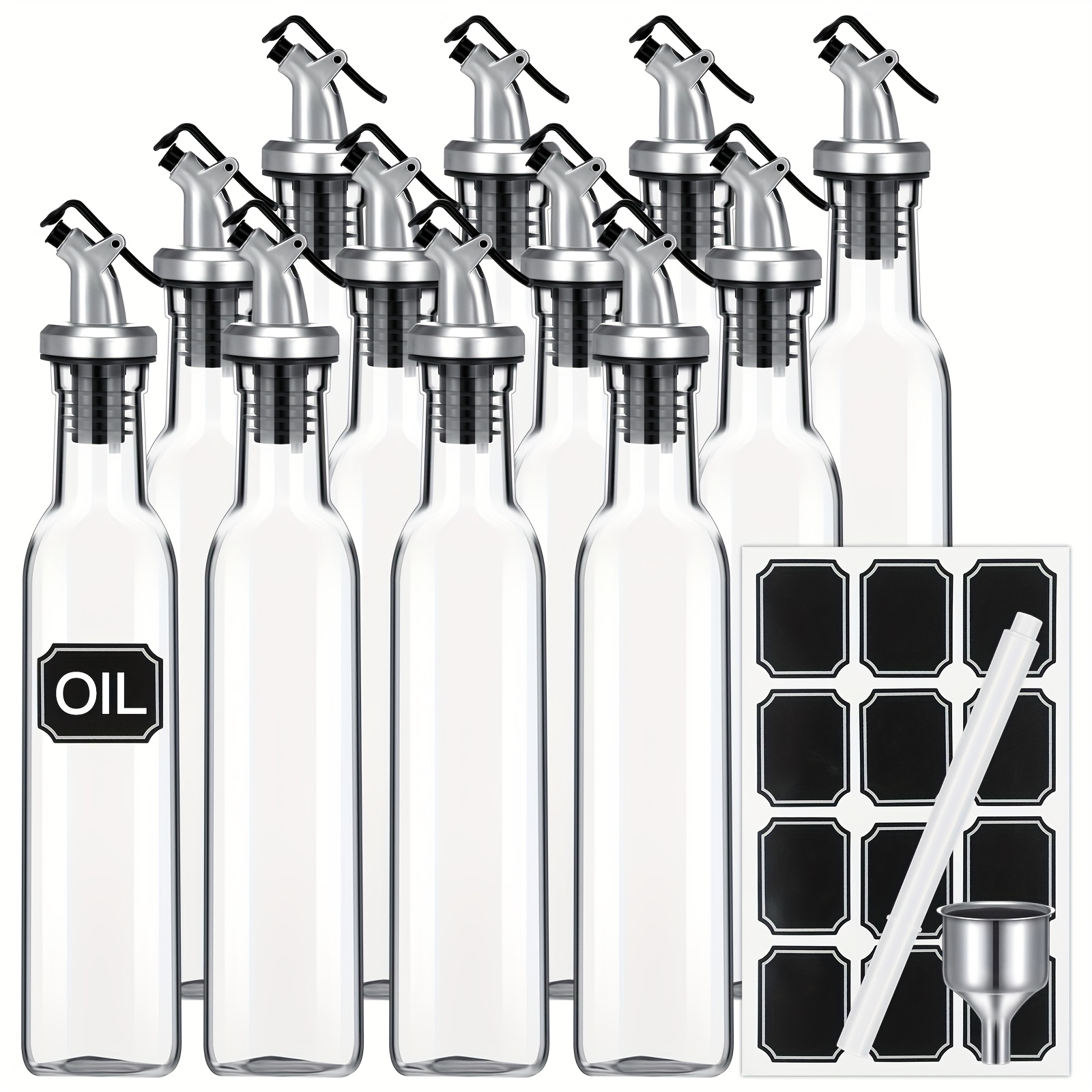 TEMU 15pcs Clear Glass Olive Oil Dispenser Bottles Sets 12pcs 8 Oz Glass Bottle With Spout Oil Vinegar Cruet Container For Kitchen With Stainless Steel Funnel Black Labels With