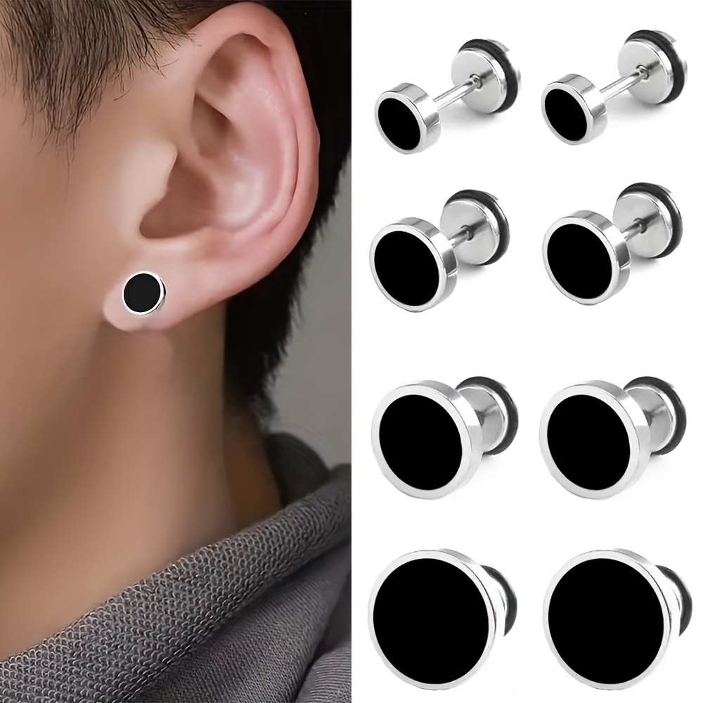 TEMU 8pcs Pack Men's Punk Style Stainless Steel Black Oil Drip Earrings - Heavy-duty Round Studs, (6mm, 8mm, 10mm, 12mm) Suitable For Daily Wear,