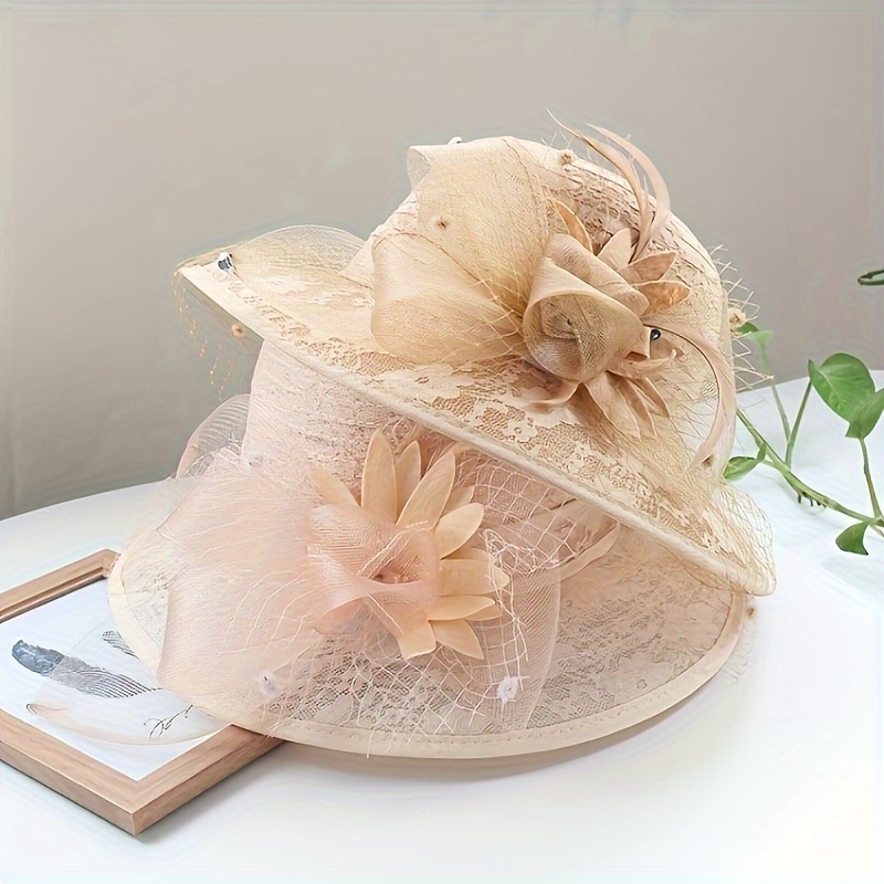 

Elegant Women's Summer Sun Hat, Wide Brim Lace Mesh Dome Hat With Flower Accents, Retro Style Breathable Anti-uv Beach Cap