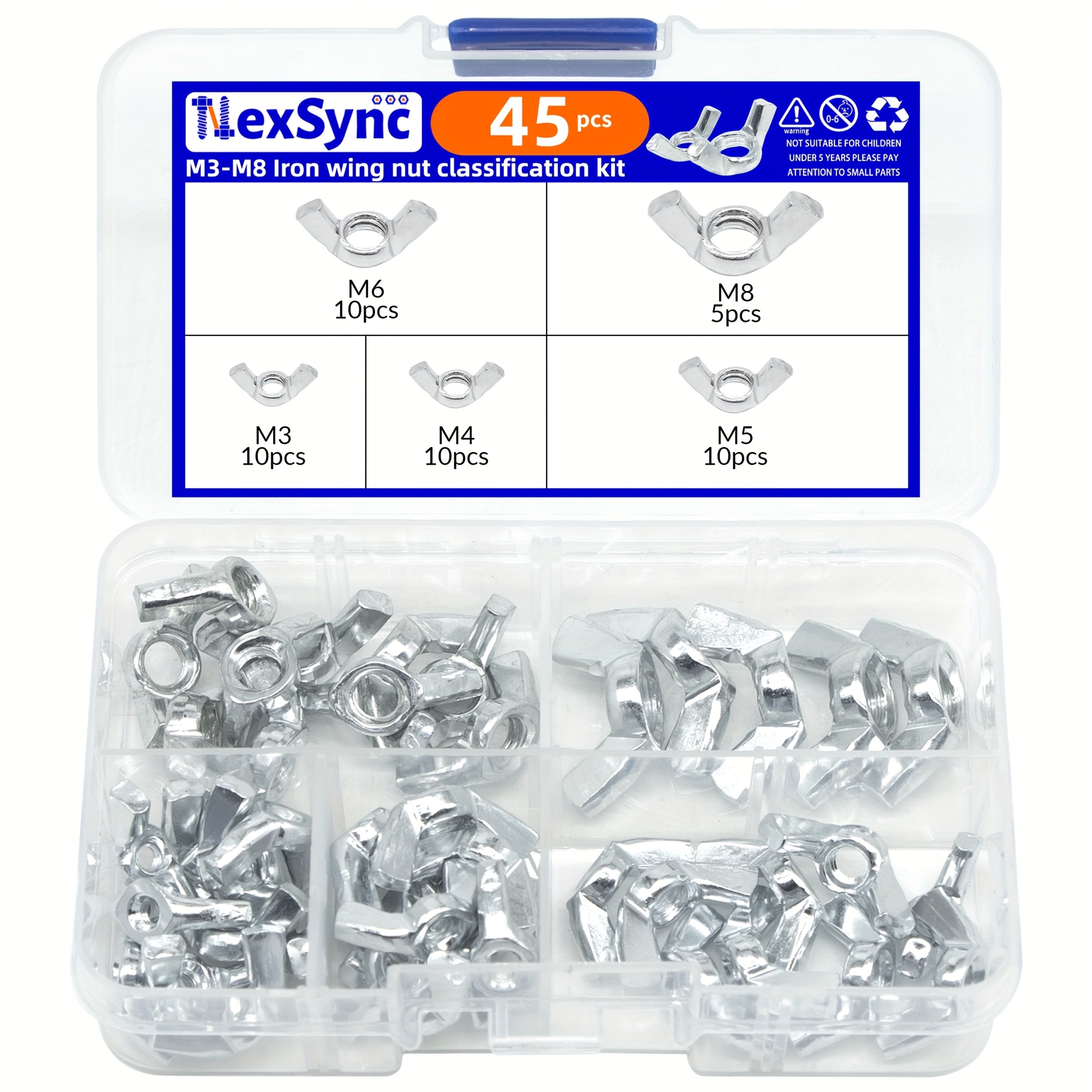 45pcs Wing Nut Combination Kit M3 M4 M5 M6 M8 Wing Nut Kit Plated White Manually Twisted Ear Wing Nut