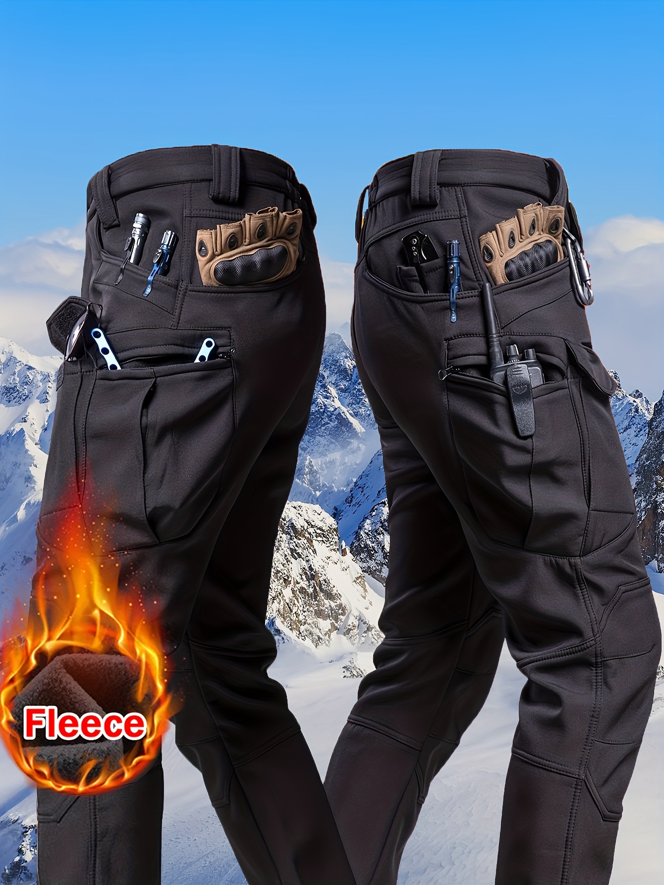 mens   cargo pants fleece lined winter thermal thick work pant outdoor hiking track trouser with multi pockets