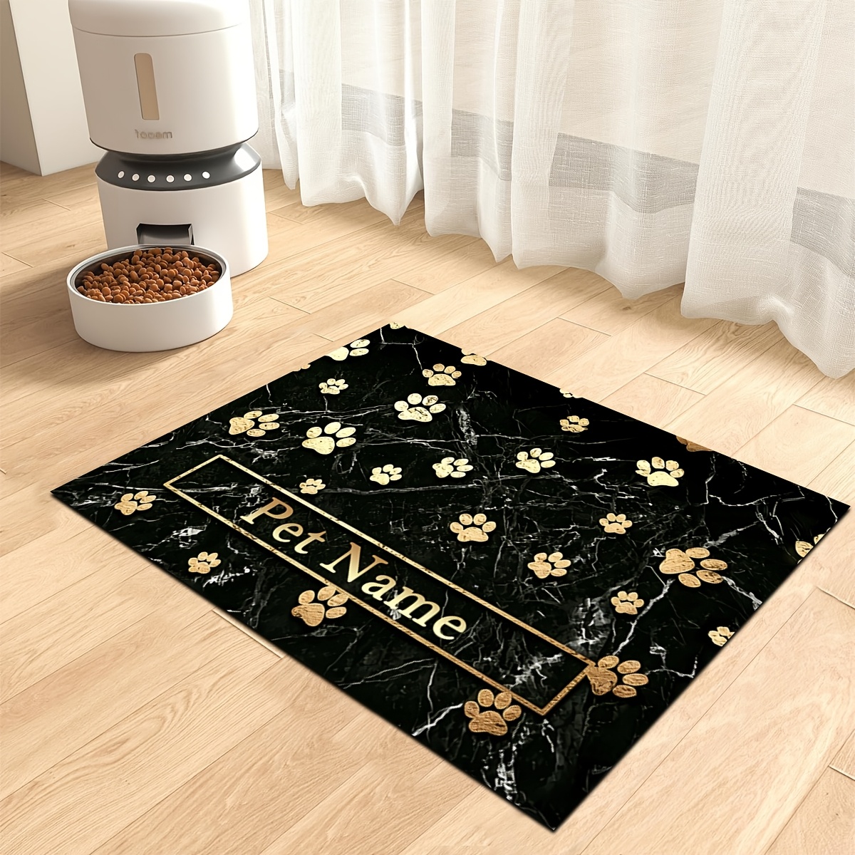 TEMU 1pc Customizable Name/slogan Pet Feeding Mat, Black And Paw Print Pattern Print, Pet Feeding Floor Mat, Non-slip Floor Mat, Cat And Dog Food And