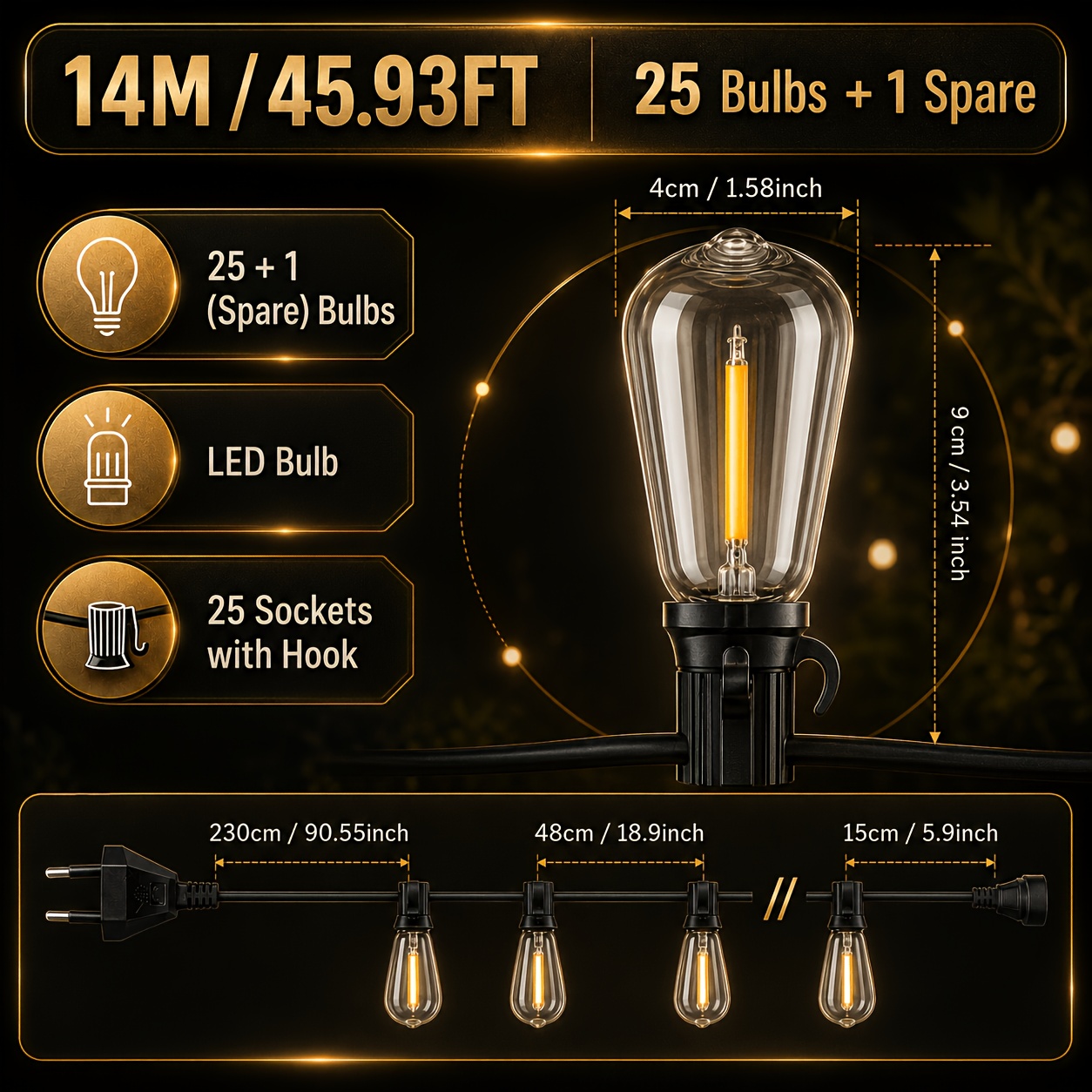 14m/26m St38 Outdoor String Lights, Ip44 Shatterproof Lamp Bulb & Warm Yellow Light & High Brightness, Durable And Long-lasting, Perfect For