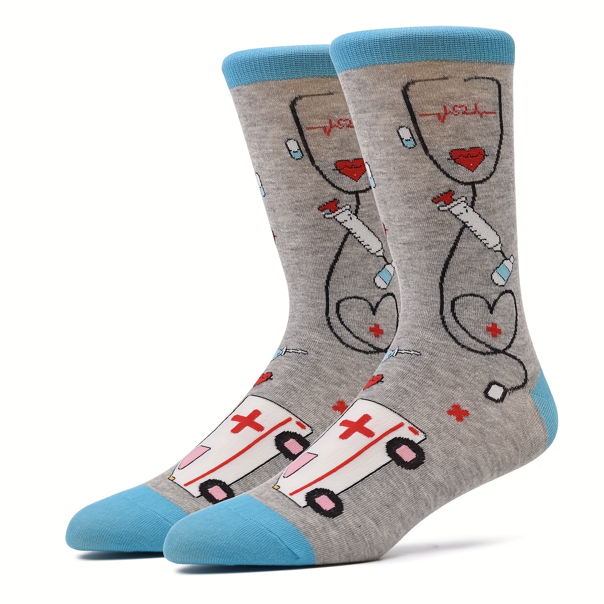 Image of 1 Pair Medical-themed Nurse & Doctor Socks With Ekg, Stethoscope & Pill Print - Grey & Turquoise Calf-length (mid-calf) For,, Nursing Students - Funny Healthcare Worker Gift, Uniform