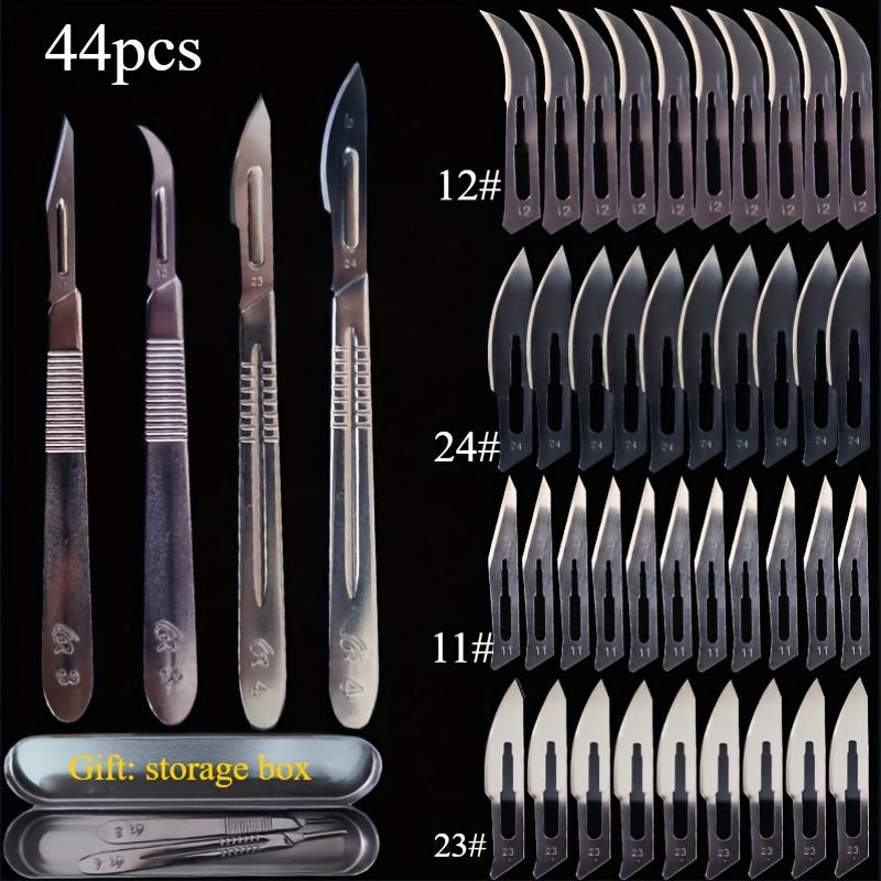 고급 44개 정밀 공예 칼 세트, 스테인리스 스틸 아이언 박스 포함 - diy, 휴대폰 수리 및 조각에 적합 - 10#/11#/12#/15#/20#/22#/23#/24# 칼날 및 손잡이 포함
