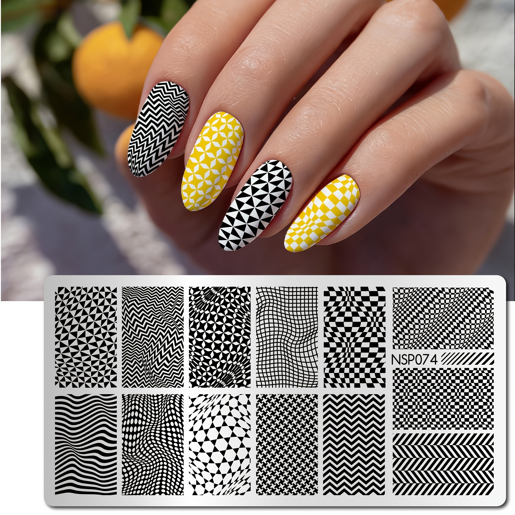 TEMU Plaque de tampon pour ongles Alt Aesthetic, géométriques , à carreaux pour d' optiques, réutilisable, modèle rectangulaire en acier inoxydable