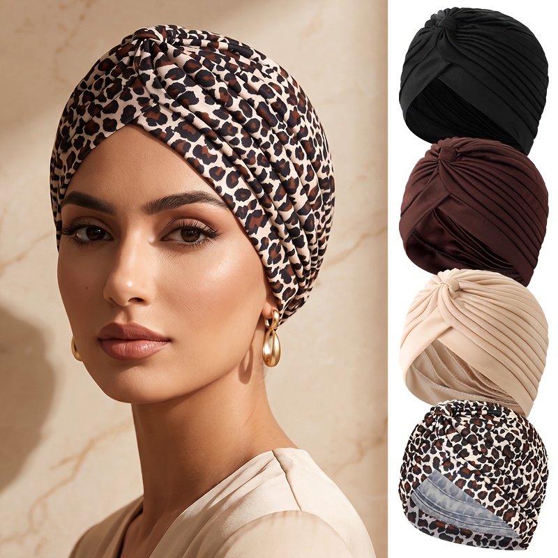 TEMU 4pcs Printed Solid Color Women's Brimless Hat Set, Multiple Colors , Suitable For Daily Use, Headscarf Hat