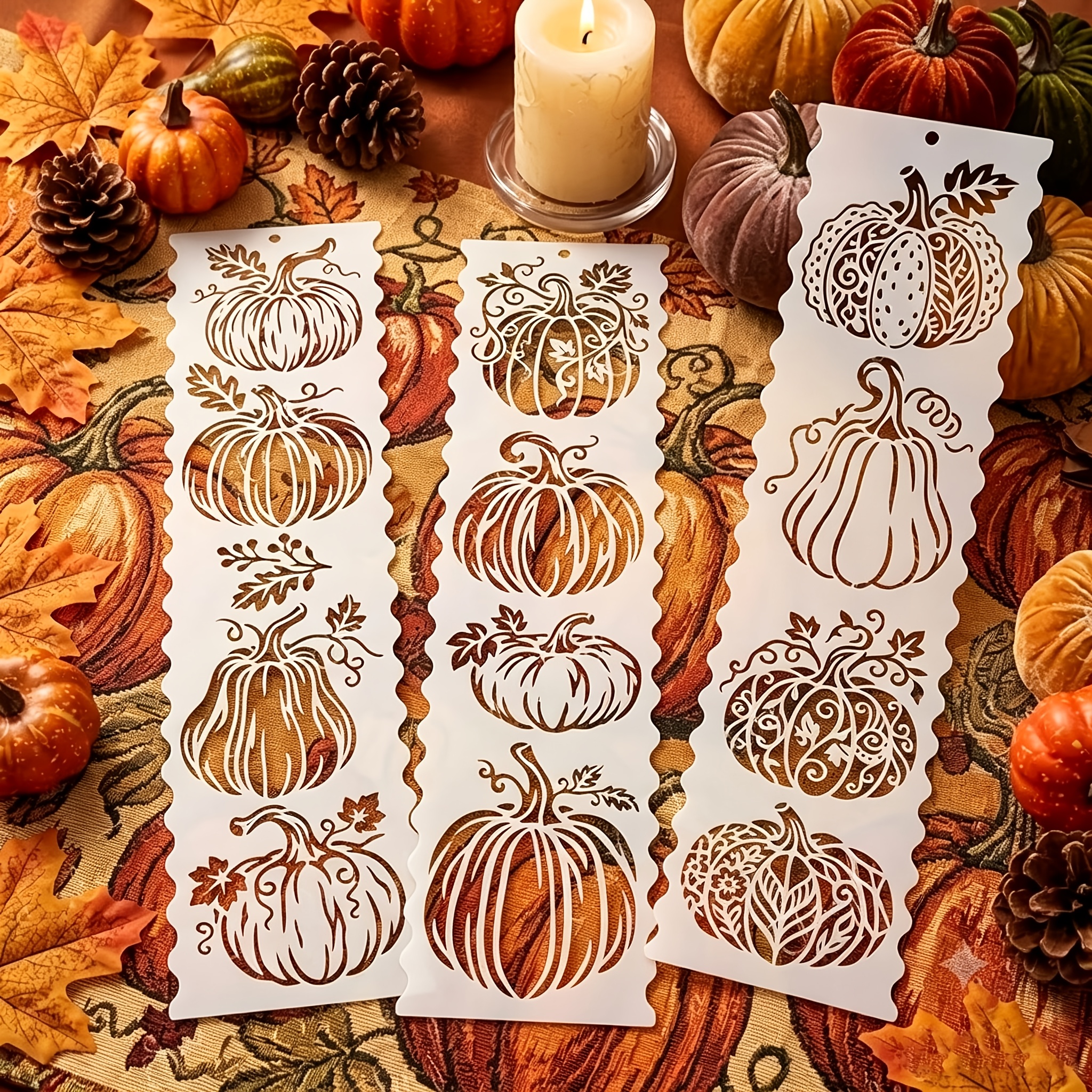 TEMU Set de pochoirs réutilisables de citrouilles d'automne avec modèles creux en PET, adaptés pour la décoration intérieure, les vêtements, les sacs