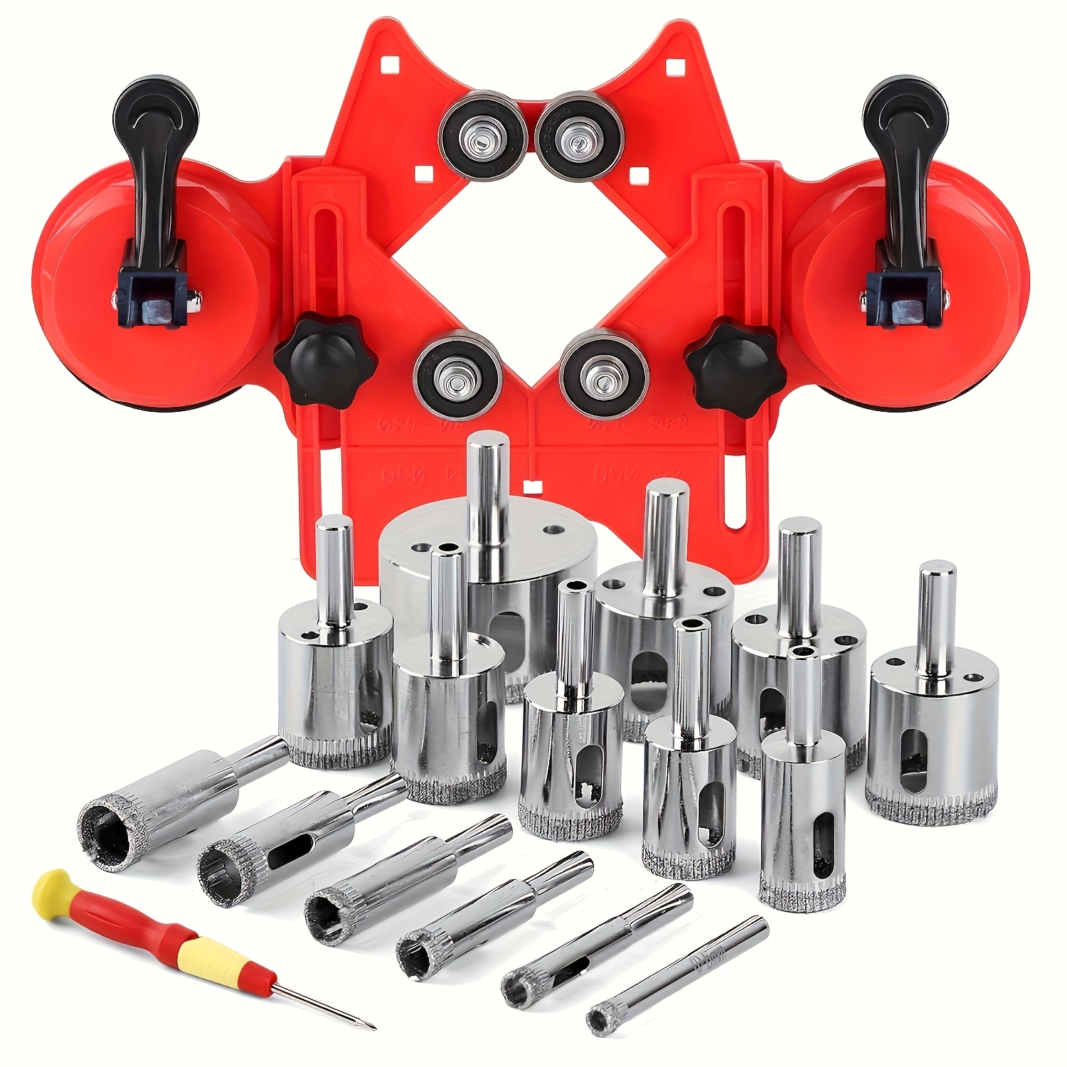 Image of Diamond Kit, 17pcs Tile Hole Opener Locator Glass Drill Bit Set, With Dual Suction Cup Guide Fixture, (1/4"-2") Diamond Hole Saws, For Cutting Glass, Ceramic, Marble, Porcelain And Tiles