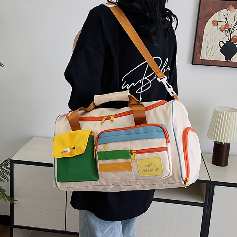 

Sac de rétro coloré, grande en nylon avec compartiment à chaussures et sangle d'épaule réglable, sac de sport et de yoga, sac de bagage cabine avec manchon de chariot