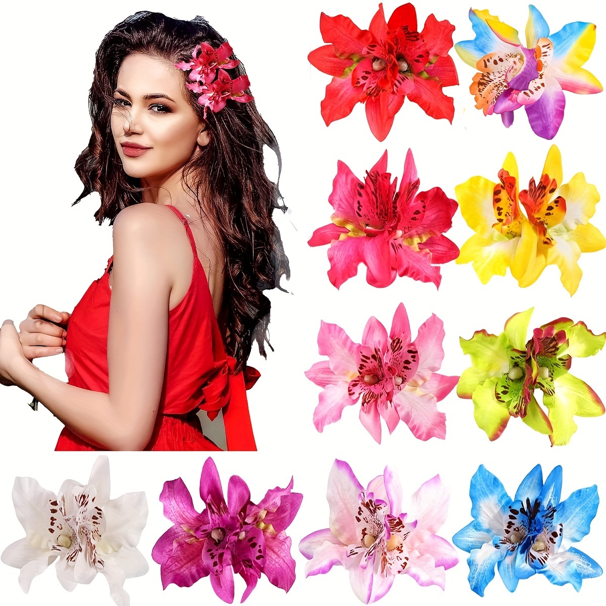 

10pcs Hair Clip Set - Elegant Orchid & Lily Designs For Women, Perfect For Beach Vacations & Weddings