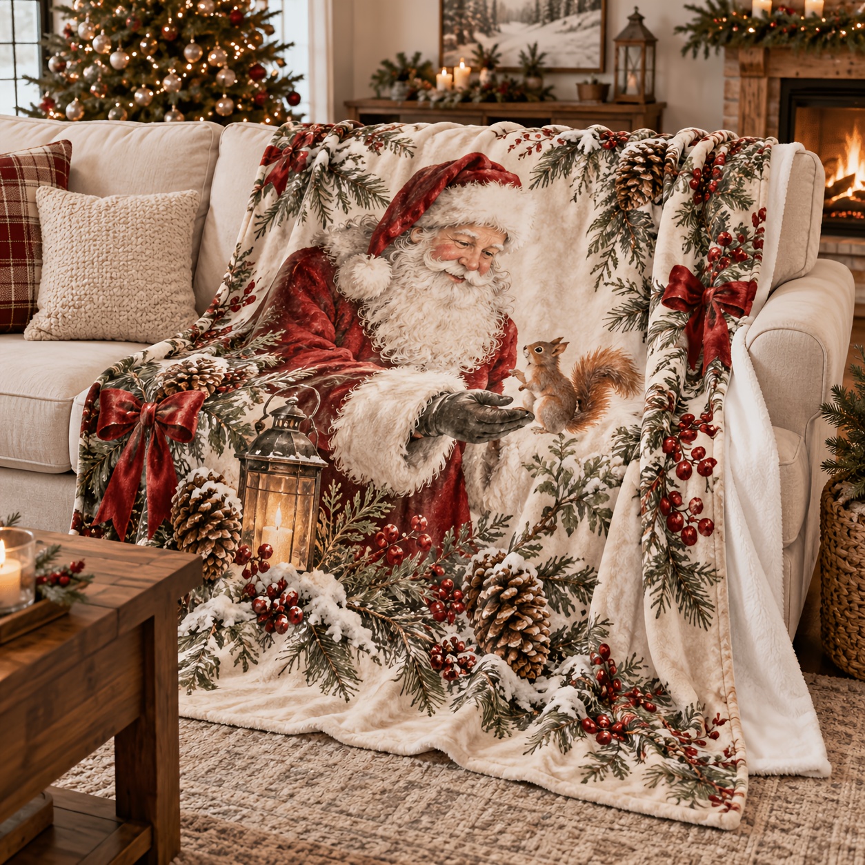 TEMU Christmas Squirrel And Blanket | Traditional Santa Claus Soft Realistic Squirrel Cedar Dark Bow Pattern Blanket | Vintage American Christmas