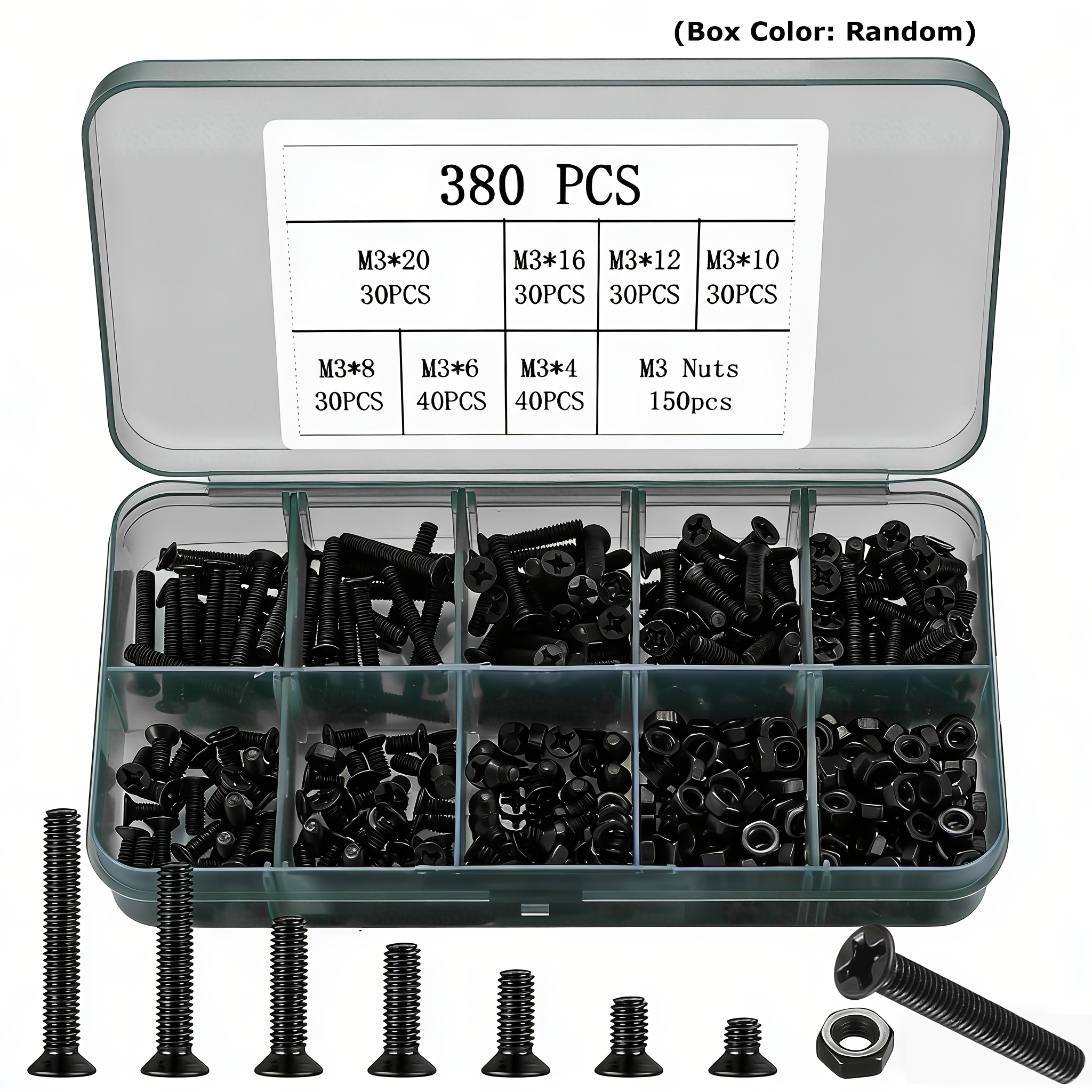 TEMU Kit de Hexagonales con Cabeza M3, Surtido de 380 piezas en con Tornillos Phillips Avellanados - M3 x 4mm/ 6mm/ 8mm/ 10mm/ 12mm/ 16mm/ 20mm