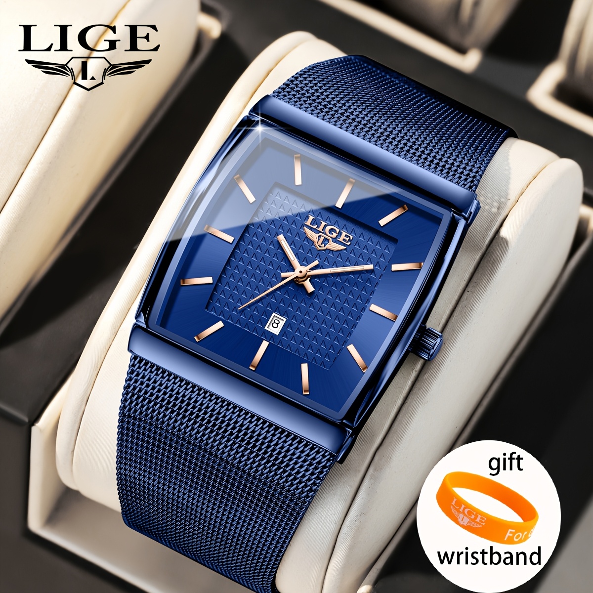Image of Lige Men's Watch | Classic Three-, Square Dial, Calendar Function, Casual Sports Watch, Unisex, In Multiple Colors, Includes Surprise Gift, Elegant Style, Stainless Steel Strap, Alloy Case