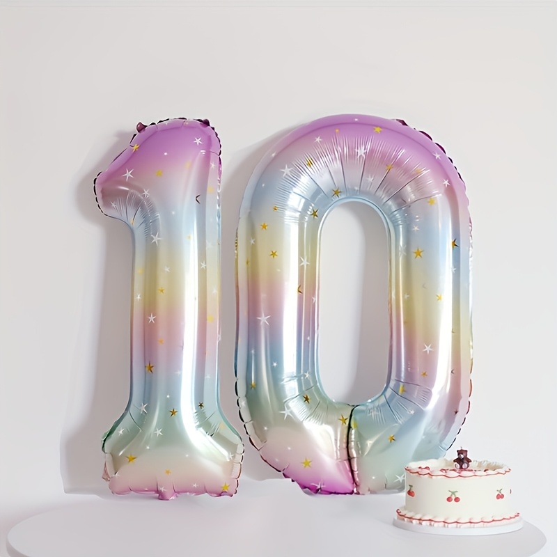 Image of 2pcs 40-inch Digital 10 Aluminum Film Balloons | Gradient Star-shaped Printed Birthday Party Decoration Balloons, Durable Materials, High-quality Film, Large Size, Suitable For Occasions