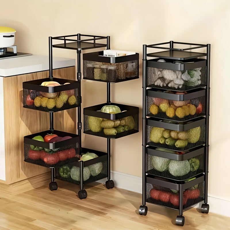 Rotating Kitchen Storage Shelf 5 Tier, Metal Fruit Vegetable Storage Basket Multi-Layer Vegetable Rack Storage Trolley on Wheels, Floor-Standing Basket for Kitchen Bathroom, Square