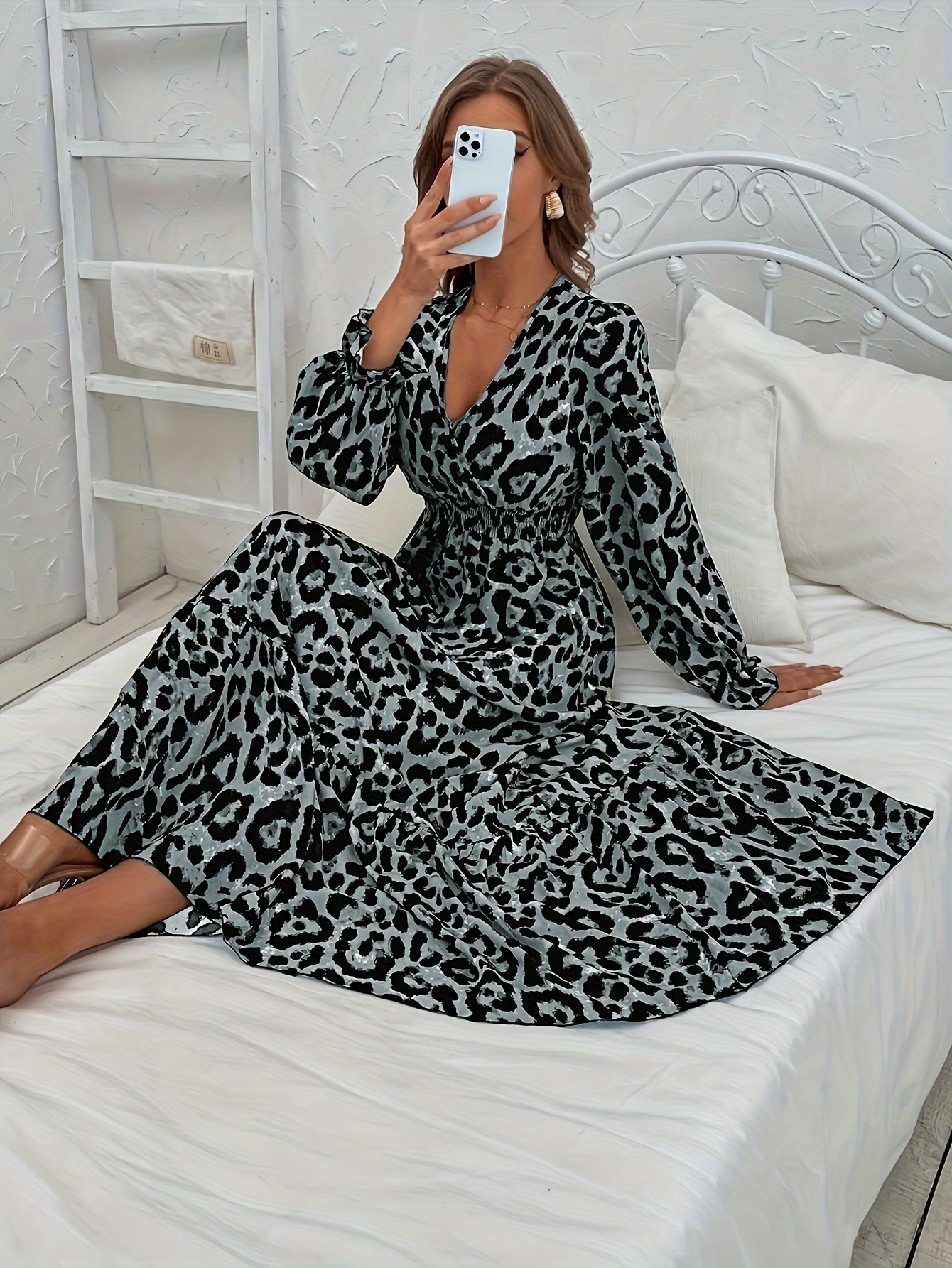 womens long sleeve v neck leopard print dress loose casual - Temu United  Arab Emirates