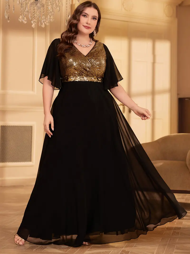 plus size gold and black dress Elegant Mermaid Plus Size Black and Gold Evening Dress with V-neck Black and Gold / 2XL