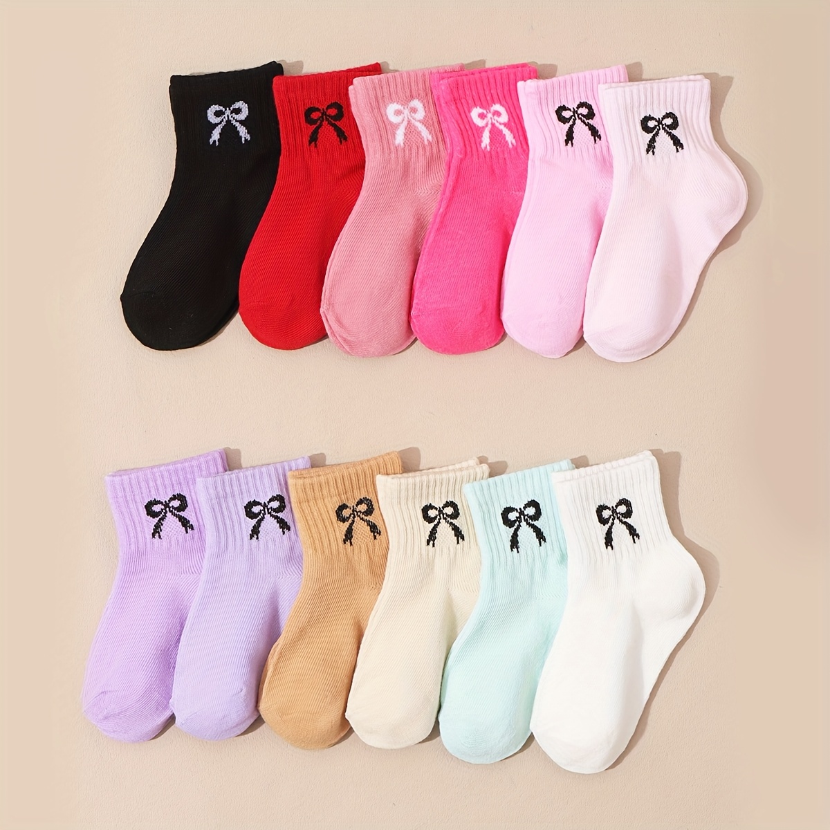 12 Pairs Of Solid Color Mid-calf Socks With Bows
