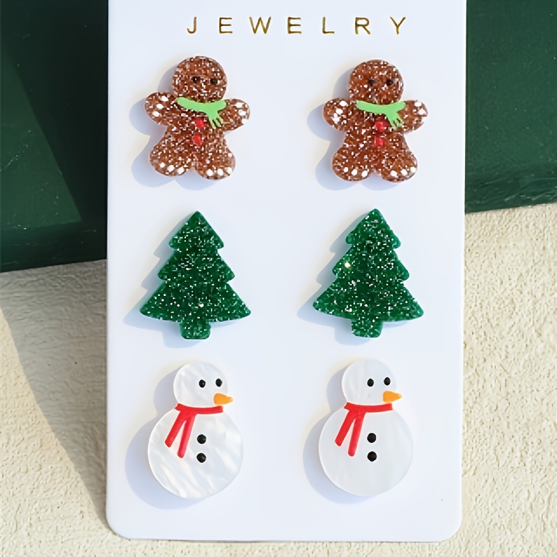 

3 Pairs/1 Set Christmas Combination Ear And Earrings Gingerbread For Man Christmas Tree Snowman Ear Ornaments Acrylic Earrings