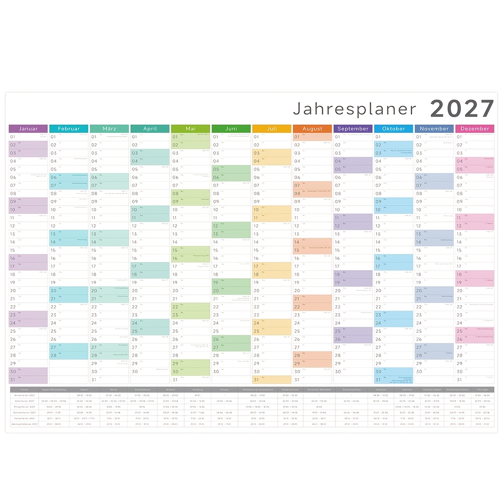 Image of 2027 German Wall Planner - A1 Large Format Yearly Wall Calendar (jan 2027-dec 2027) | Color-coded With , Planning Stickers And Adhesive Tabs