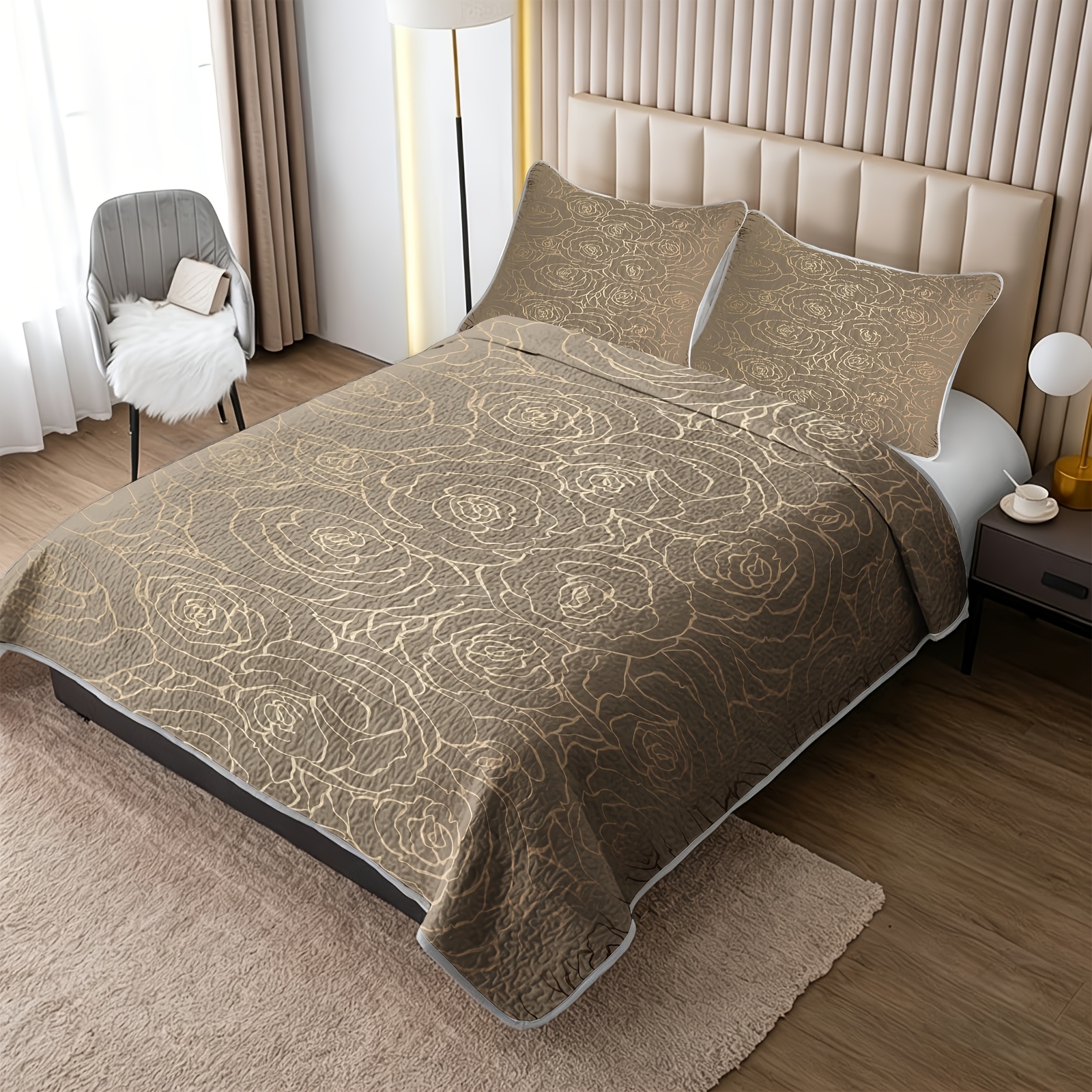 TEMU 3pcs Bedspread Set - 2pcs/3pcss Golden Rose Pattern Bedspread Set (1*bedspread + 1/2*pillowcase, No Insert), Lightweight And Breathable Summer