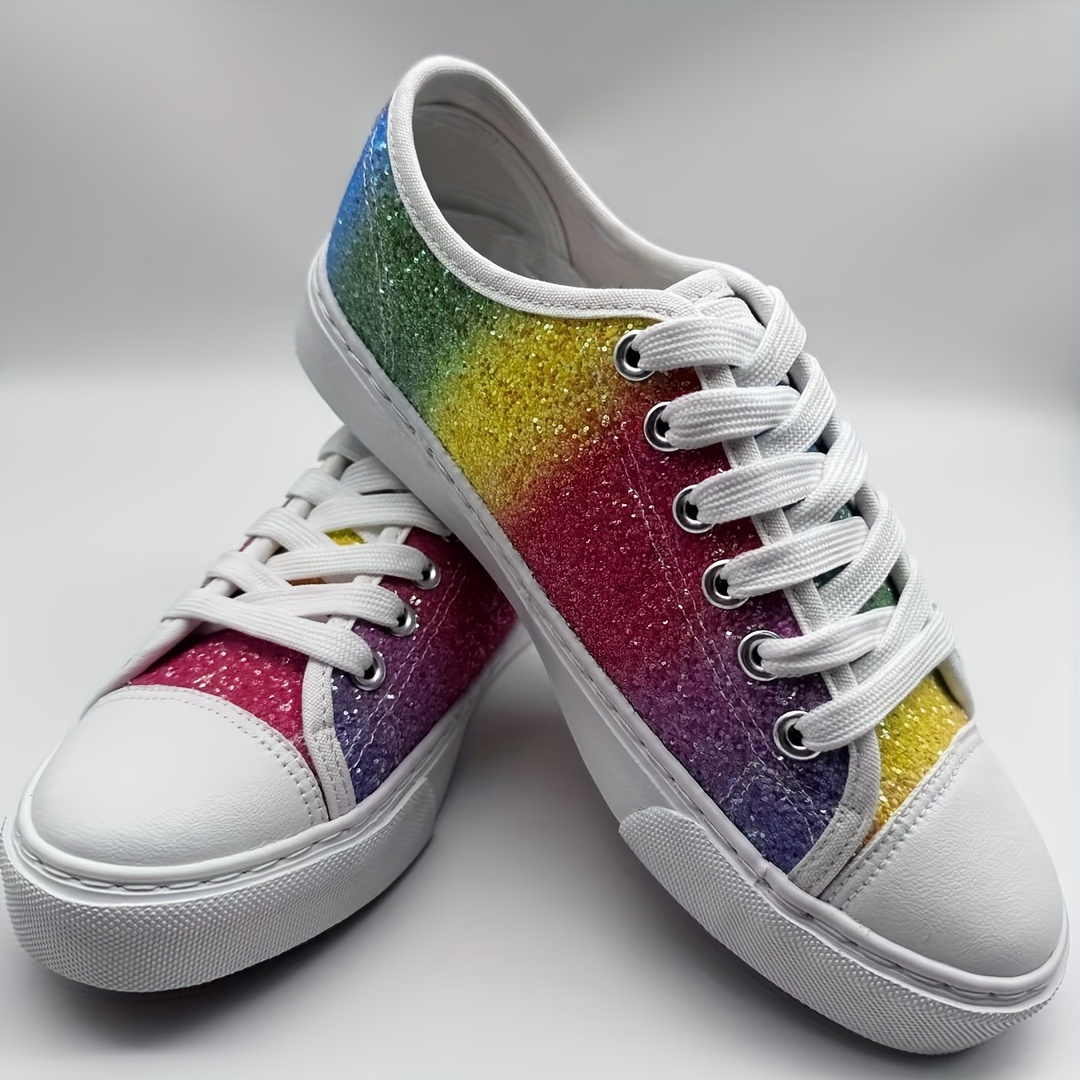 Ladies Glitter Rainbow Canvas Shoes, Fashion Lace Up Outdoor Sneakers,  Casual Low Top, Microfiber Upper, Rubber Sole, Canvas Insole and Inner,  with