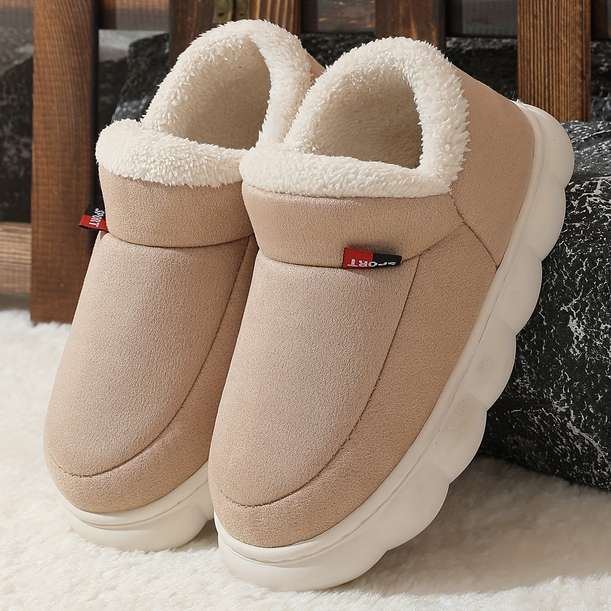 

Men' Color Slip On Home Shoes With Warm Plush , Comfy Non Slip Casual Bedroom Shoes, Winter