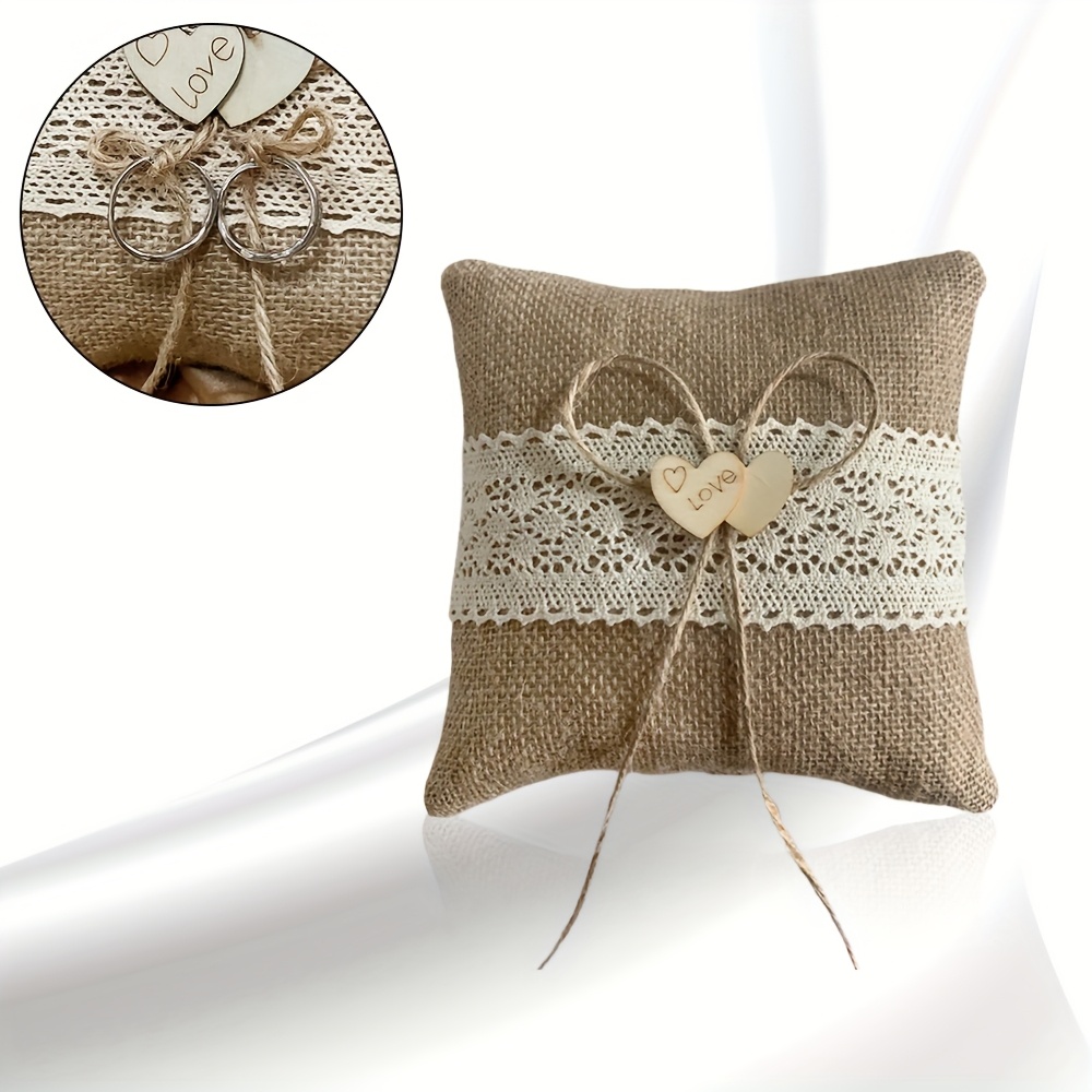 E-shop Lasenersm Jute Spitze Braut Hochzeit Ring Kissen Vintage Jute Spitze Hochzeit Ringträger Kissen Polster für Hochzeit oder Schmuckgeschäft