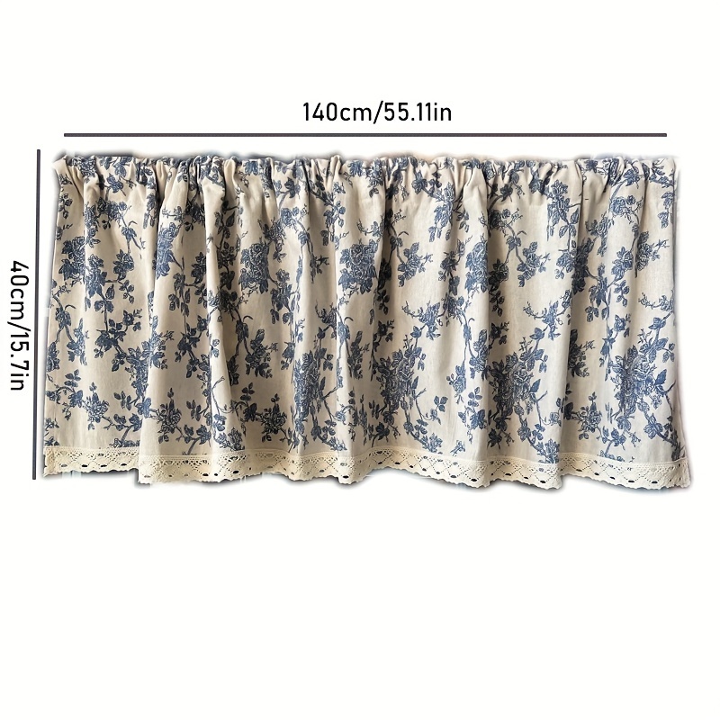 Image of Rod Pocket Small Curtain With Hair Ball Vintage Blue Floral Print Short Door Curtain Kitchen Half-curtain For Cabinet
