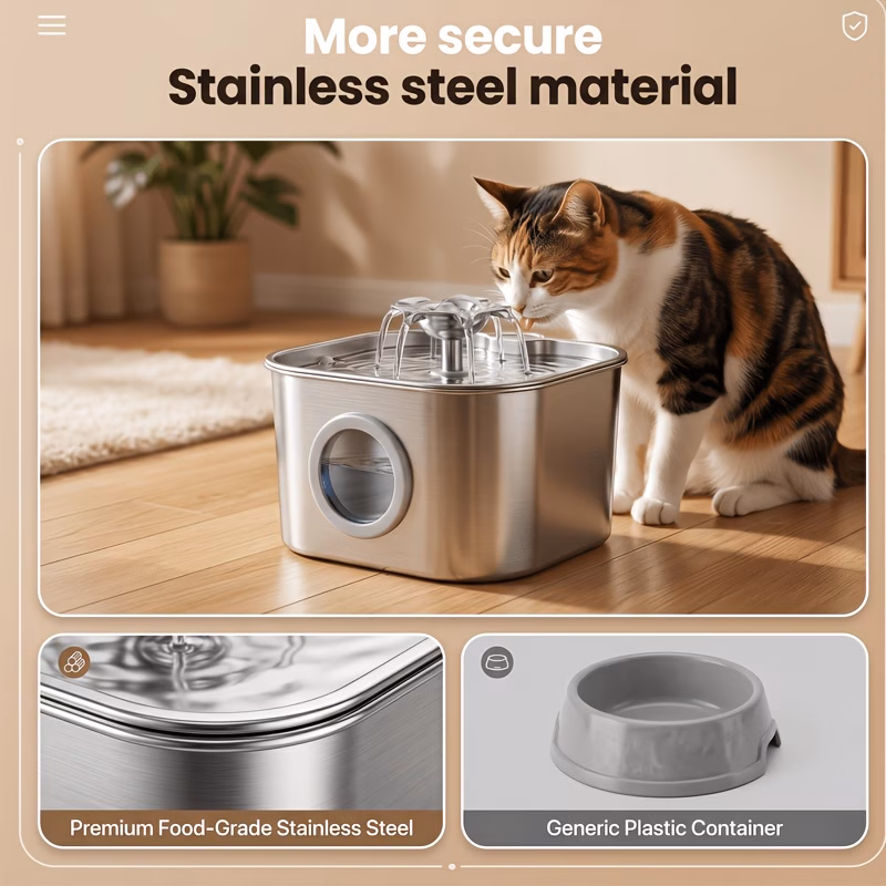 2 2l durable stainless steel cat water dispenser with water level window usb plug in pet fountain for machine 3 filters machine 7 filters Product details 2