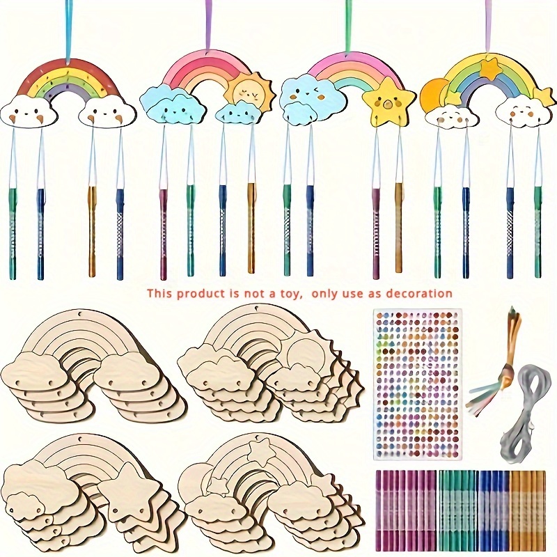 

6pcs/set, Diy Wooden Rainbow Wind Chime Set Art Crafts, Home Decoration Hanging Decoration, Handmade Party Supplies Diy Creative Gifts Window Decorations