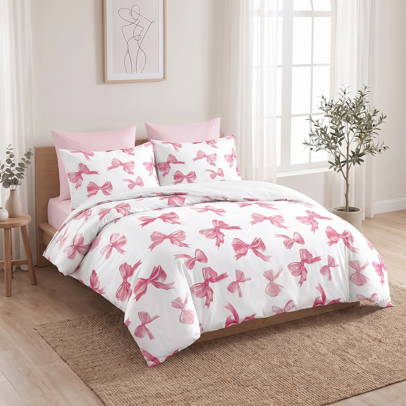 White Pink Bow Duvet Cover Set, Soft Comfortable Bedding With Pillowcase, Cute Down Comforter Cover, No Comforter Needed, Girl Bedroom Decoration
