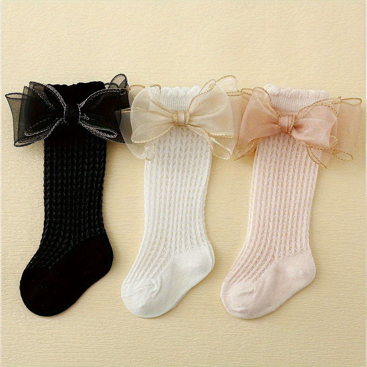 

3 Pairs Girl's Bowknot Knitted Socks, Mesh Cotton Comfy Breathable Soft Toddler's Socks For Outdoor Wearing