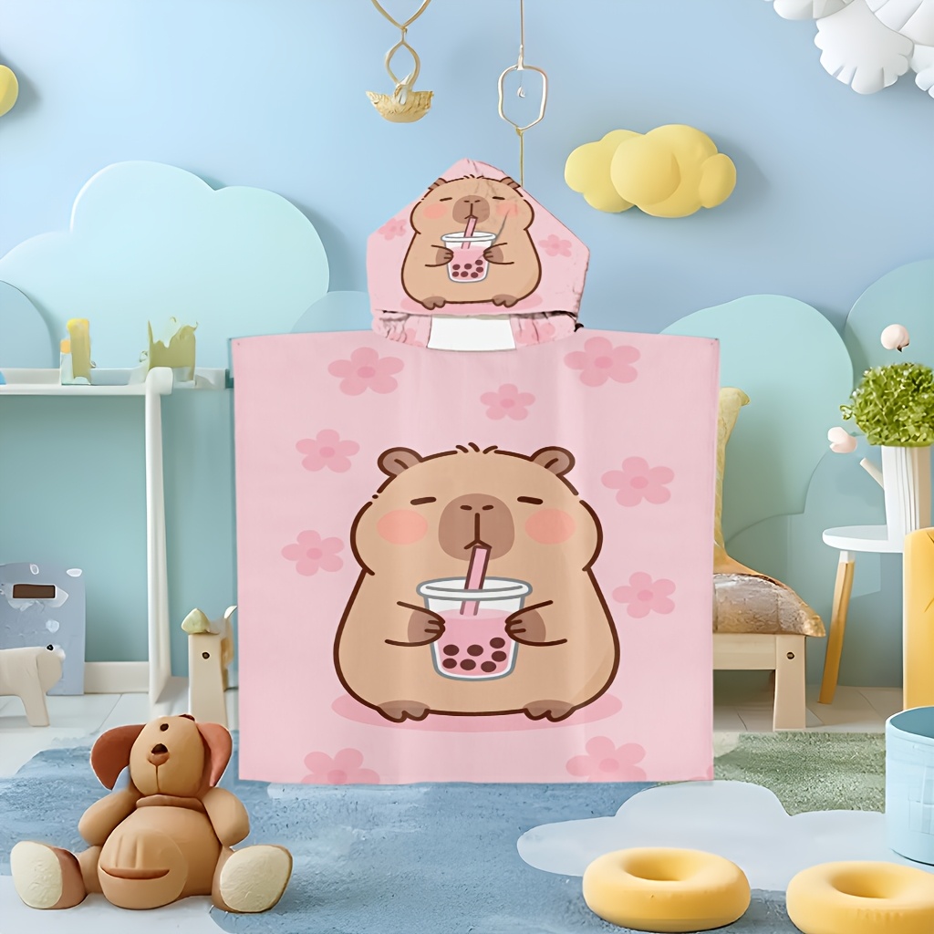 TEMU 1pc Super Soft Beach Towel With Hood Cartoon Capybara Drinking Tea With Pink Flowers Background Wearable Bathrobe Extra Large Microfiber Quick