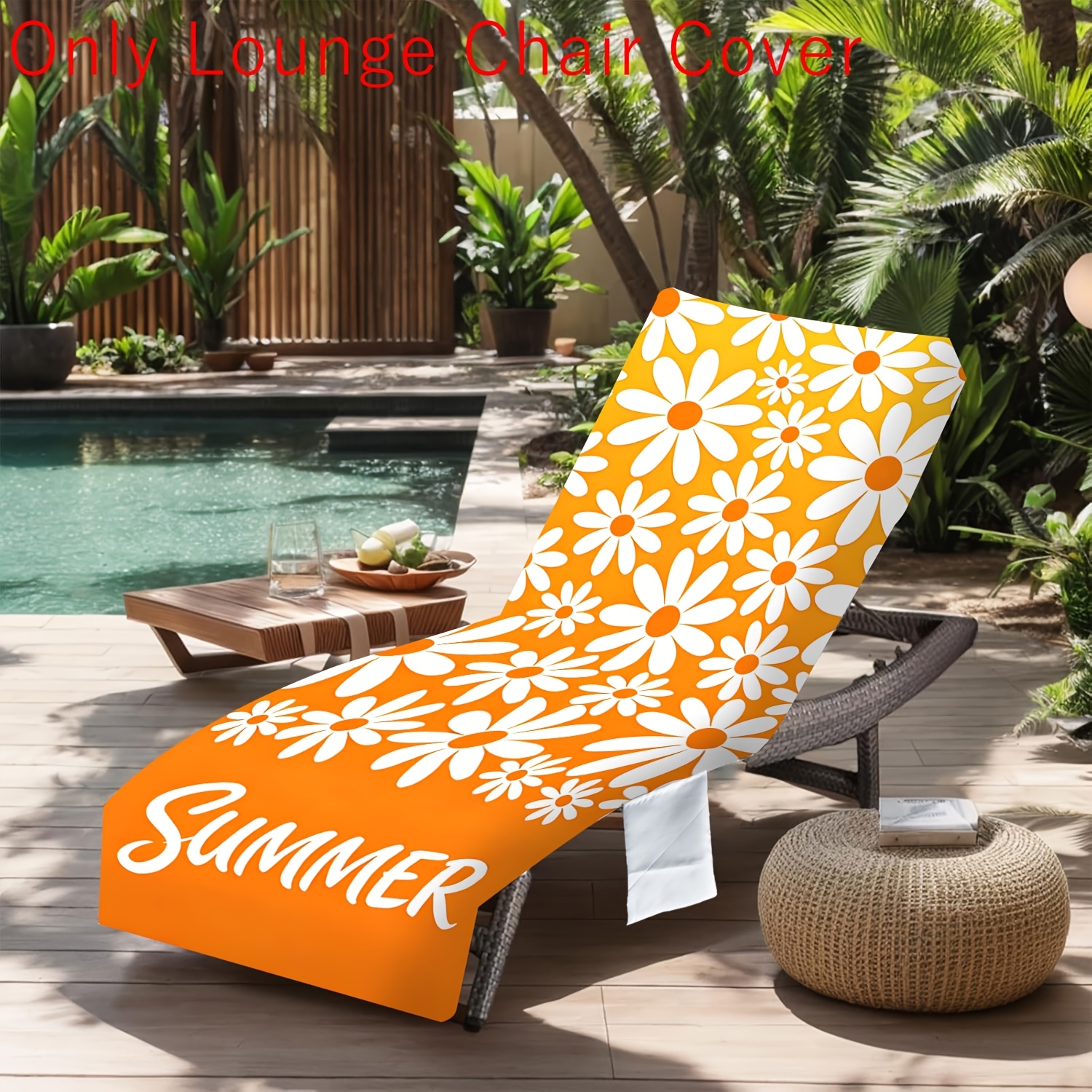TEMU 1 pièce Housse de chaise de patio d'extérieur d'été à séchage rapide avec motif de marguerites oranges et poches, serviettes de chaise, housses