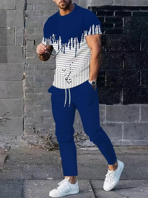 mens summer sports casual striped printed short sleeve t shirt and drawstring trouser set