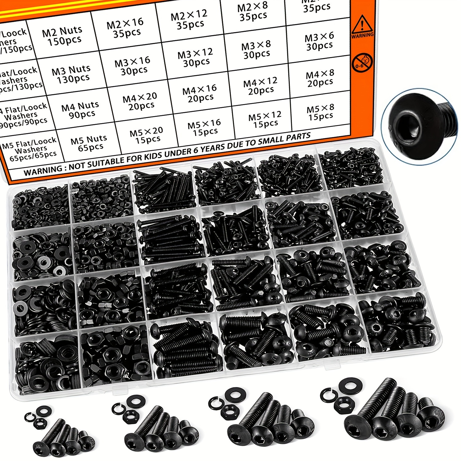 

1705pcs Alloy Steel Screw & Nut Assortment Kit - M2, M3, M4, M5 Metric Sizes With Locking & Flat Washers, Head Cap Screws