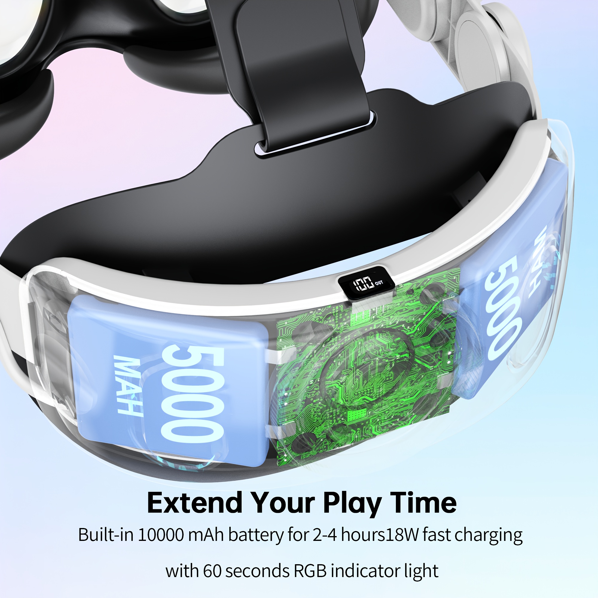 Wolmtt Adjustable Meta Quest 3/3S Headband with 10000mAh Rechargeable Battery, USB-C Charging, Ergonomic VR Headset Accessory for Extended Playtime, Virtual Reality Headset, Highquality Electronics