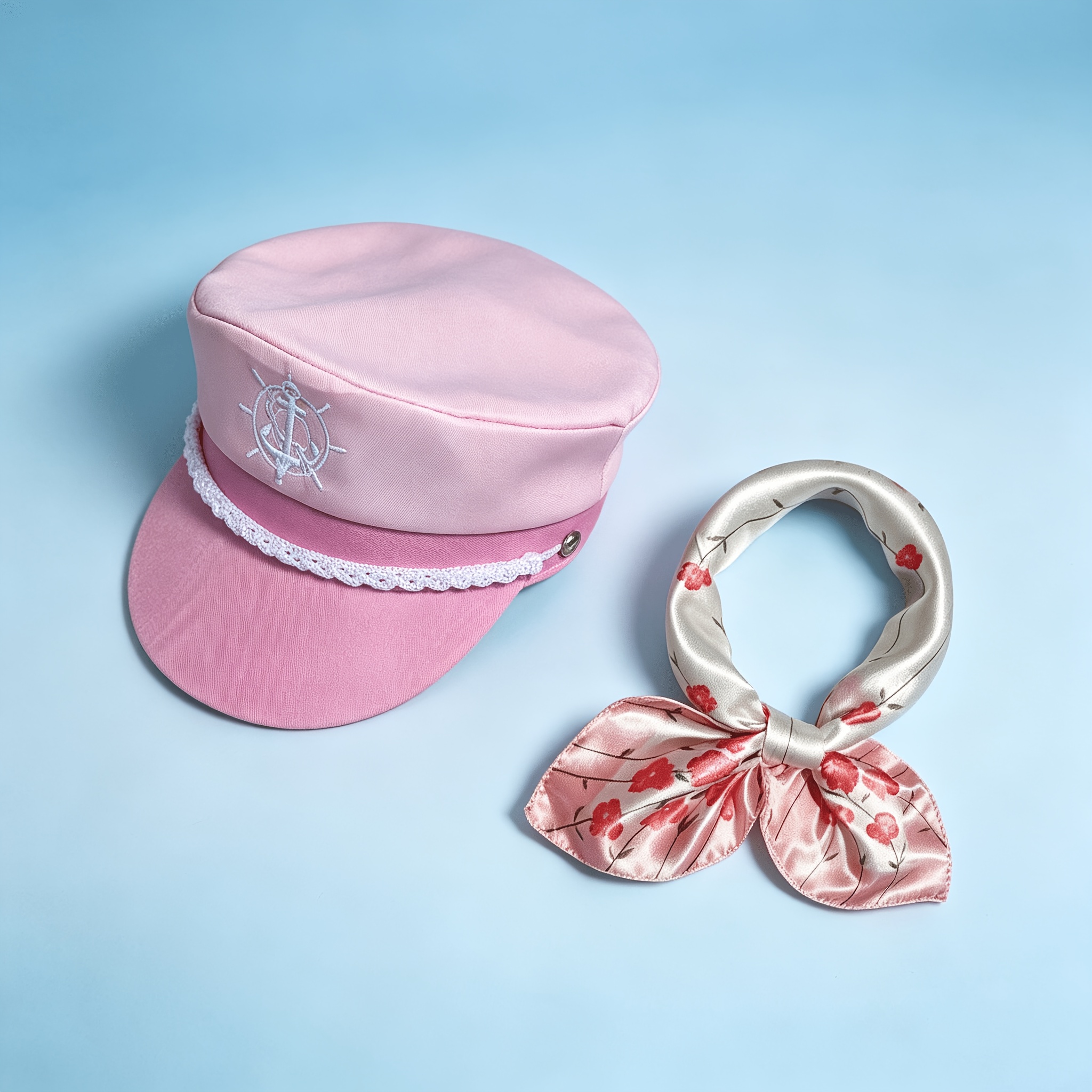 TEMU 2pcs Women's Pink And Navy Velvet Hat Scarf Set - Vintage Costume Additions For Vacation, Masquerade, And Photo Props