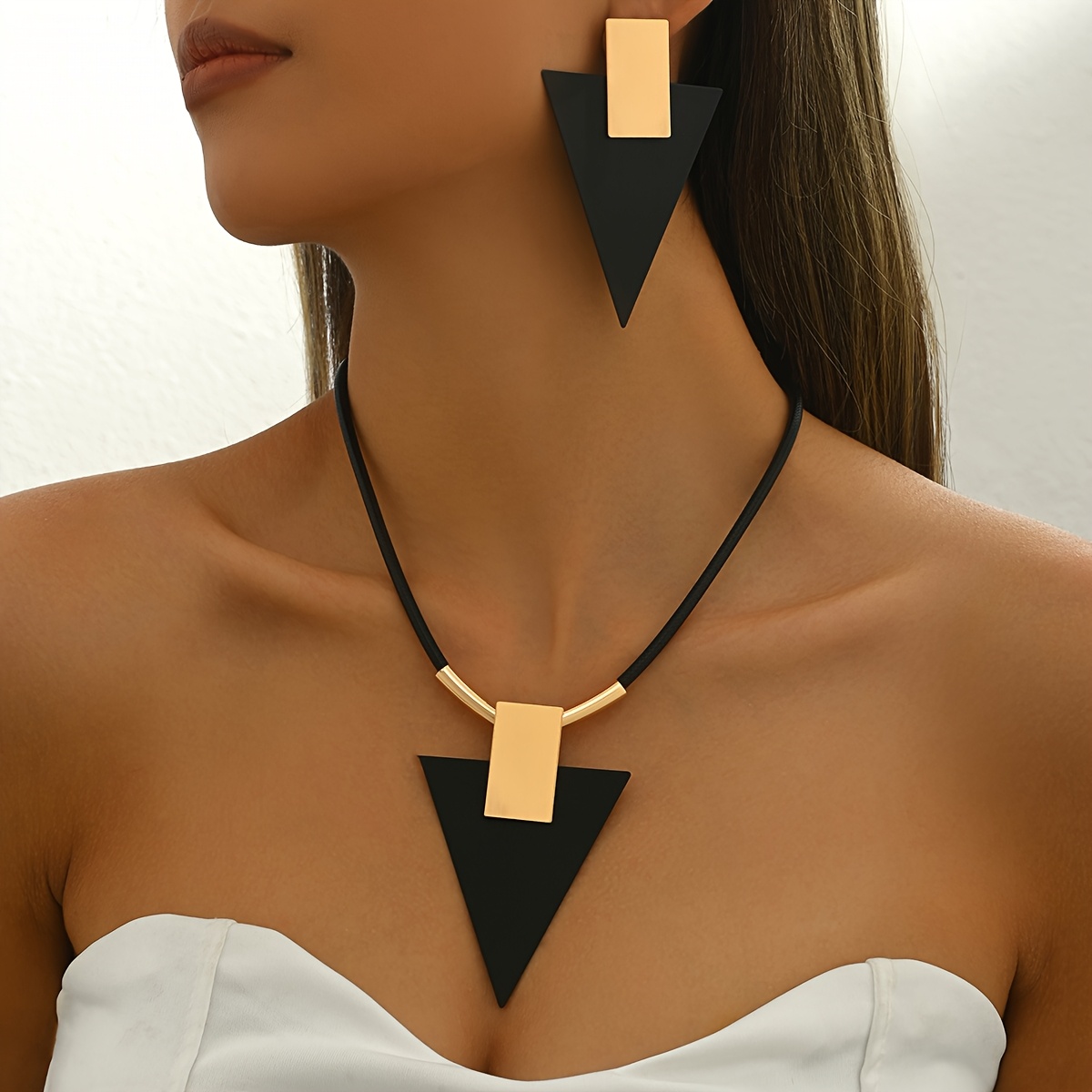 TEMU Vintage 3pcs Set, Black Wax Cord Geometric Rectangular Pendant Necklace And Earrings, Iron Jewelry For Women, Daily And Party Accessory, All-