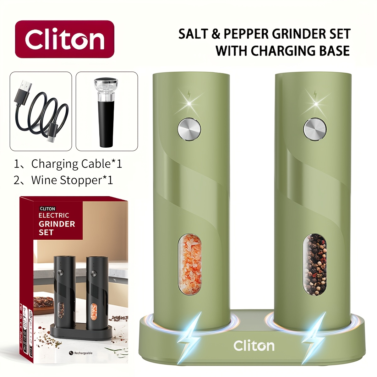 TEMU Cliton Rechargeable Electric Salt And Pepper Grinder Set, Usb-c Automatic With Led Light & Adjustable Coarseness, 1 Hand Operation Seasoning