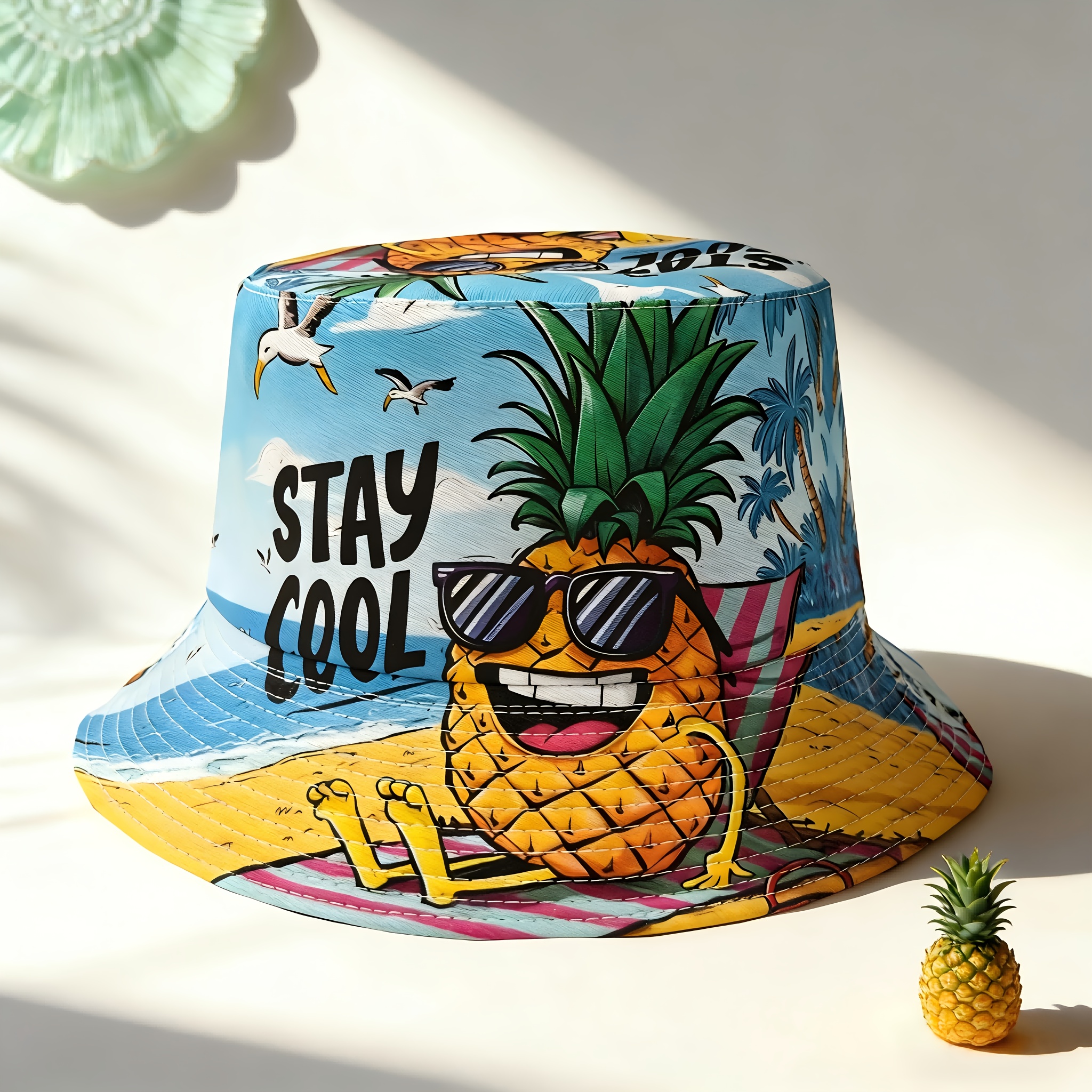 E-shop lässiger, cooler Fischerhut mit Ananas-Musterdruck für Frühling/Sommer, Unisex leichter Outdoor-Urlaubs-Fischerhut, geeignet für Strandreisen