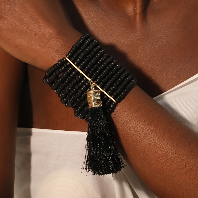 

Chic Black Beaded Tassel Bracelet - Adjustable, Handcrafted Design For Casual Attire &