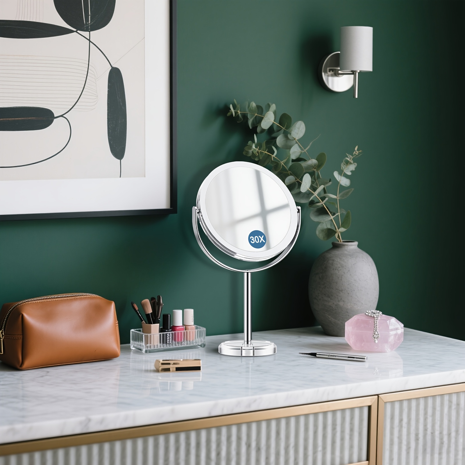 TEMU 1x/30x Magnifying Makeup Mirror With Stand, 360° Rotation Portable Vanity Mirror For Room Decor, Elegant Desk Mirror, Travel Mirror With 30x