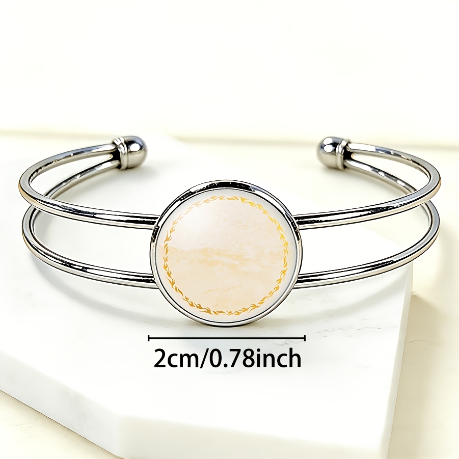 Women's Adjustable Open Bangle with Round Time Gemstone Inlay, Golden-Patterned Edge