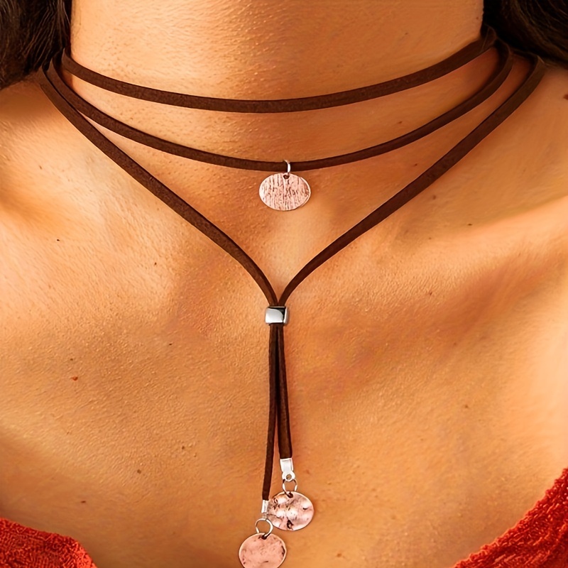 TEMU Collar gargantilla largo de estilo bohemio para mujer con cuello tipo gamuza, cuerda de fibra sintética bohemia en capas y colgante de moneda